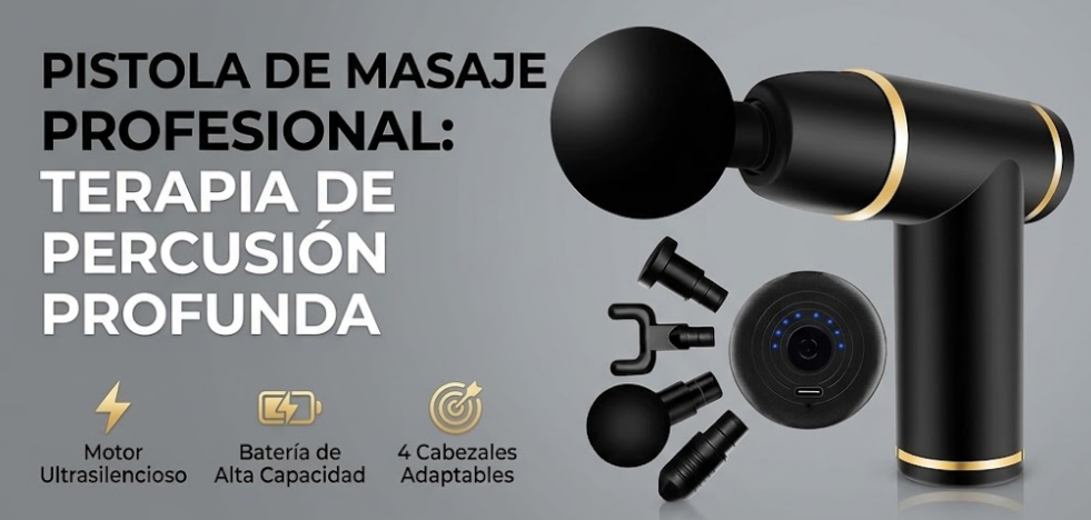 Pistola de masaje con 4 cabezales para alivio muscular